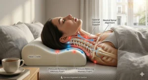 A back sleeper resting on a pillow with a central recess, cradling the head and supporting the natural curve of the neck.