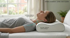 A photorealistic image of a person lying on their back using a contoured memory foam cervical pillow, with a diagram overlay showing support for the natural cervical curve.