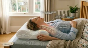 Back sleeper resting on an orthopaedic pillow for chronic neck pain, showing supported cervical curvature.