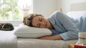 A person sleeping soundly on their side using a textured cooling pillow, showcasing how the pillow contours to the head and neck in natural British daylight.