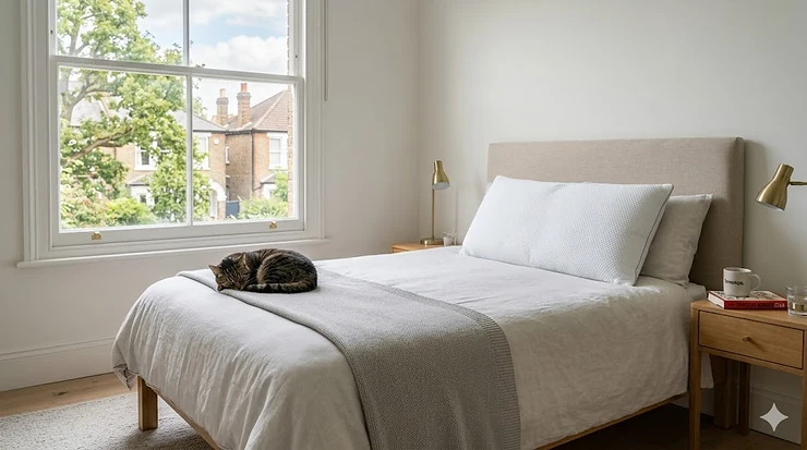 A premium, breathable cooling pillow positioned on a neatly made bed within a modern British bedroom, featuring natural lighting and a view of terraced houses through a large sash window. best cooling pillow