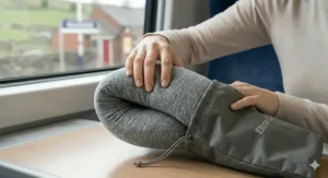 A photorealistic detailed close-up capturing a person using their hands to effortlessly compress and roll the slate-grey ergonomic memory foam neck pillow into its compact grey travel pouch in a UK train carriage.