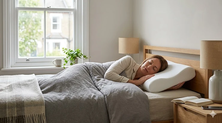 Alt text for image 1: A person sleeping comfortably on their side using a high-quality orthopaedic pillow for shoulder pain relief in a modern British bedroom. pillow for shoulder pain