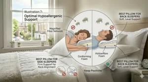 Comparison diagram showing optimal hypoallergenic pillow support and neck alignment for side sleepers and back sleepers.