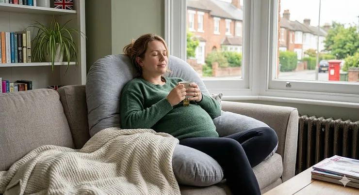 A pregnant woman relaxes comfortably on a grey sofa, supported by a large U-shaped pregnancy pillow, holding a mug near a bay window in a modern British home. best pregnancy pillow