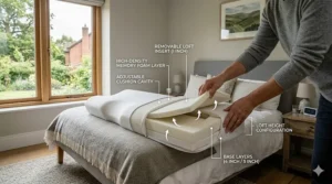 Alt text for image 4: An illustration showing air-flow channels and a cooling gel layer within a contour pillow to prevent overheating during the night.