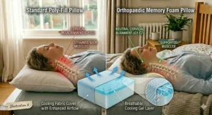 Close-up of a breathable cooling gel layer and fabric cover on a therapeutic pillow for chronic neck pain.