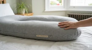 Close-up photograph illustrating a 100% breathable cotton removable cover on a pregnancy pillow, showing the fine weave and construction detail, ideal for keeping a mum cool.