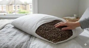A photorealistic close-up of dark brown buckwheat hulls, a firm and adjustable natural pillow material for sleeping cool, being touched by a hand on a bed, illuminated by soft natural daylight from a British window.