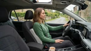 A portable back support cushion fitted to a car seat for long-distance driving comfort in the UK.