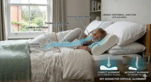 An anatomical diagram overlay showing correct cervical spine alignment and neck support provided by an orthopaedic pillow.