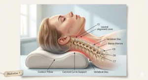 Medical illustration showing how a contour pillow for chronic neck pain aligns the cervical spine and neck muscles.