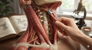 Medical illustration showing the cervical spine alignment before and after using a text neck pillow recommended for improving neck posture.