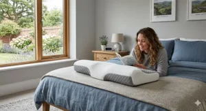 Alt text for image 8: An illustration of the contoured edge of a pillow fitting into the space between the neck and shoulder for a person sleeping on their side.