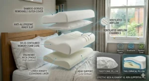 Exploded view of a cervical pillow showing the breathable bamboo cover, anti-allergenic slip, and contoured memory foam core.