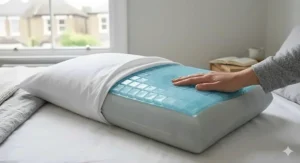 A close-up photorealistic photograph of a light blue cooling gel sheet, segmented into hundreds of tiny cells, layered on top of memory foam, as a responsive and heat-regulating pillow material for sleeping cool, illuminated by soft daylight from a British window.