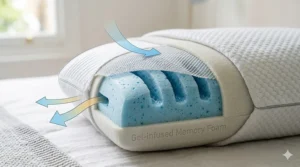 A detailed photorealistic illustration of a cooling gel memory foam pillow core, showing a cross-section with a blue gel layer and ventilation channels designed to regulate temperature.
