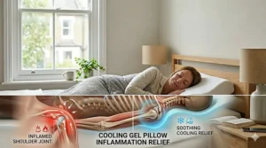 Alt text for image 7: A pillow featuring a cooling gel layer designed to reduce heat and soothe inflamed shoulder joints during the night.