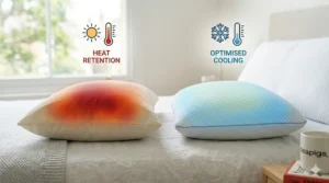 A photorealistic side-by-side comparison of a standard dense memory foam pillow with high heat retention versus the premium cooling pillow with optimised temperature regulation.