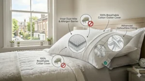 Cross-section illustration of a pillow featuring a tightly woven fabric barrier to prevent house dust mite infestation.