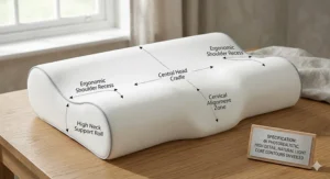 A high-detail photorealistic studio photograph of a memory foam cervical pillow with its cover removed, clearly displaying the internal contoured shape and supportive core structure.