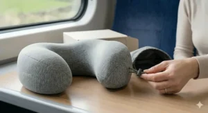 A photorealistic detailed close-up capturing the adjustable toggle clasp and drawstring on the grey heathered ergonomic memory foam neck pillow, resting on a wooden table within a UK commuter train.