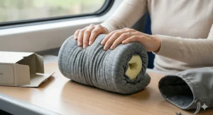 A photorealistic close-up demonstrating how the grey heathered ergonomic neck pillow is rolled and compressed, with a woman's hands applying pressure to the high-density memory foam on a wooden table.