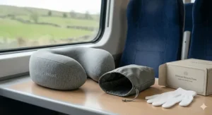 A photorealistic detailed flat lay on a light wooden table within a UK train carriage, showcasing the grey heathered ergonomic memory foam neck pillow, its drawstring pouch, branded box, and white glove from the kit.