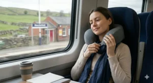 A photorealistic detailed medium shot capturing a woman on a UK commuter train, actively adjusting the fit of the grey heathered ergonomic neck pillow around her neck to demonstrate adjustability and comfort.