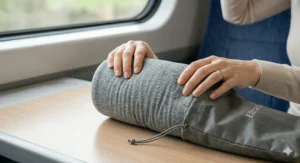 A photorealistic detailed close-up shot on a light wooden table within a UK commuter train carriage, showing a woman's hands carefully packing the rolled grey heathered ergonomic memory foam neck pillow into its specific drawstring travel pouch.