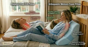 A person using a supportive wedge pillow for chronic neck pain while sitting up in bed in a UK home.