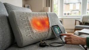 Illustration of a heated pillow for lower back pain providing soothing warmth to the lumbar region.