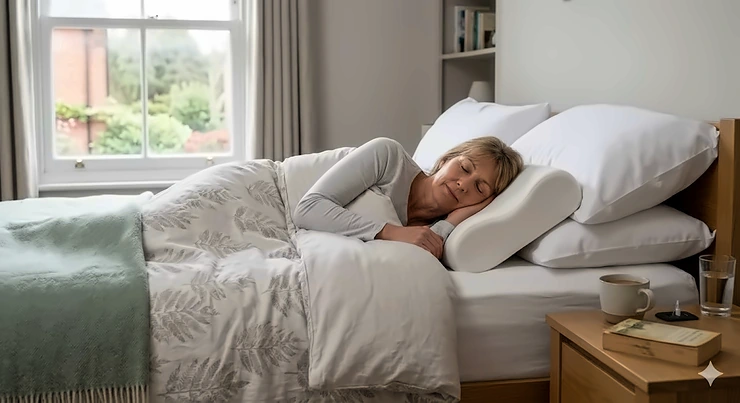 A woman sleeping soundly on a contoured memory foam cervical pillow in a modern British bedroom with a sash window. how to choose cervical pillow