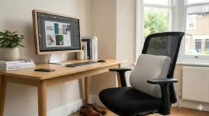 An ergonomic lumbar support pillow attached to a standard mesh office chair to prevent back ache during work.