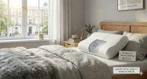 A plush, hotel-quality orthopaedic pillow styled on a bed with a modern duvet set, offering both comfort and neck support.