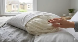 A photorealistic close-up of continuous, fine, pearlescent mulberry silk strands, intricately layered to form a soft, voluminous mass and being touched by a hand on a bed, as a hypoallergenic pillow material for sleeping cool, illuminated by soft natural daylight from a British window.