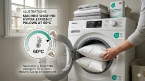 A front-loading washing machine at 60 degrees Celsius showing pillows being laundered to neutralise dust mite allergens.