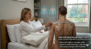 A woman measuring shoulder width in centimetres to determine the ideal loft height for a cervical neck pillow.