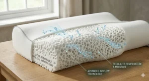 A macro photograph displaying the breathable open-cell texture of a memory foam cervical pillow core, with graphics illustrating advanced airflow and temperature regulation.