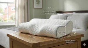 A photorealistic photograph of a memory foam cervical pillow with precise infographic callouts indicating dimensions in centimetres, including width and loft heights.