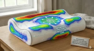 A high-detail image of a memory foam cervical pillow with a pressure map data visualisation overlay, showing how weight is distributed to relieve neck and shoulder soreness.