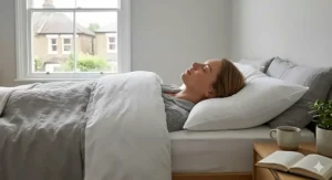 An illustration of a memory foam pillow material for sleeping, showing how it contours to a person's neck and head.