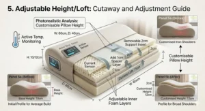 A detailed cutaway view of the pillow's internal structure, featuring gel-infused cooling foam, charcoal-infused open-cell foam, and a solid high-density base support layer.