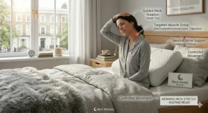 A person sitting on the edge of their bed performing a gentle neck stretch, demonstrating a morning routine paired with the right pillow for pain relief.