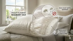 Illustration of a mulberry silk pillow with a memory foam core, designed for allergy relief and skin sensitivity.