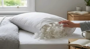 A close-up photorealistic photograph of natural duck down and small white feathers, showing the intricate texture of the traditional pillow material for sleeping, illuminated by soft daylight from a British window.