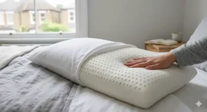 A close-up photorealistic photograph of a natural latex pillow core, showing its distinctive pincore ventilation holes and a hand pressing the material to demonstrate responsive neck support and hypoallergenic properties, illuminated by soft daylight from a British window.