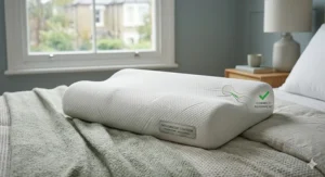 Alt text for image 2: Side view of a sleeper showing correct spinal alignment and neck support on a firm orthopaedic pillow.