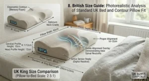 A photorealistic pressure point map demonstrating the transition from high stress to enhanced relief and spinal neutrality when using the contoured memory foam pillow.
