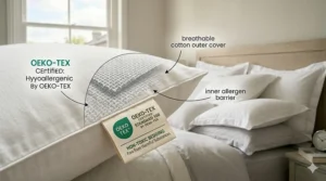 Close-up of a pillow featuring the OEKO-TEX Standard 100 label, certifying the bedding is free from harmful chemicals and allergens.